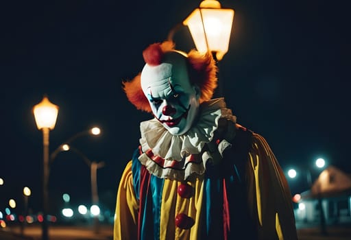 A creepy clown stands alone under a dim streetlight on Halloween night, casting eerie shadows on the street