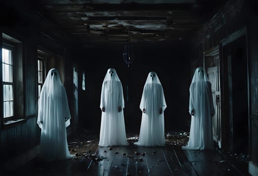 Ghostly figures float through a dark, abandoned house on Halloween, with eerie shadows and fog