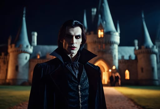 A vampire stands in front of a Gothic castle on Halloween night, with a glowing full moon overhead