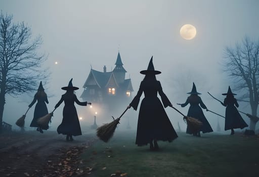 Witches fly over a foggy Halloween village, casting eerie shadows across rooftops as the night glows with magic