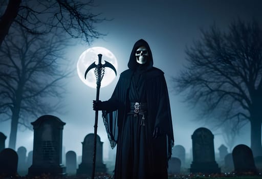 The Grim Reaper stands tall in a foggy Halloween graveyard under a glowing full moon, surrounded by eerie mist