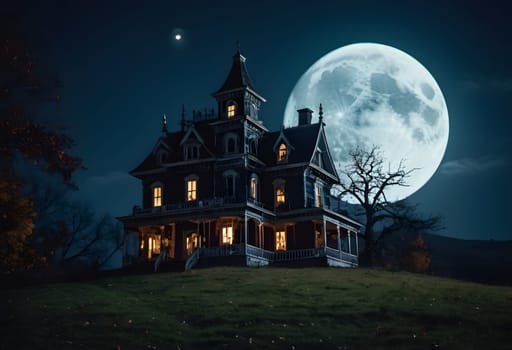 A creepy haunted mansion glowing under the eerie Halloween moon, surrounded by fog and shadows