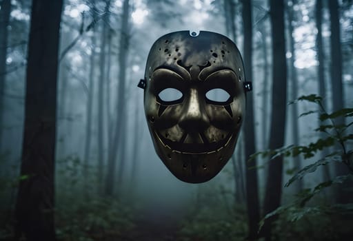 A creepy Halloween mask floats in a dark, misty forest, with glowing fog creating an eerie atmosphere