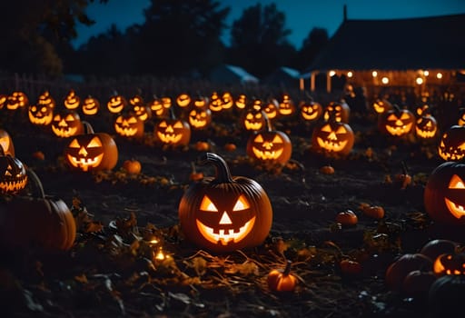 A spooky pumpkin patch at night filled with glowing jack-o'-lanterns and eerie Halloween decorations
