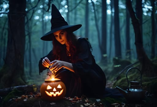 A witch brews a magical potion in a dark, haunted forest on Halloween, surrounded by glowing mist