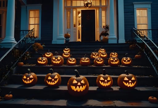 Glowing pumpkins sit on the steps of a haunted Victorian house on Halloween night, casting eerie light