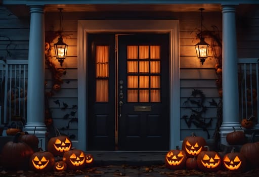 The door of a haunted house glows with jack-o'-lanterns, surrounded by spooky Halloween decorations and fog