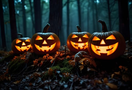 Glowing jack-o'-lanterns scattered throughout a spooky forest on Halloween, surrounded by eerie fog