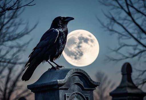 A black raven sits perched on a gravestone under a glowing Halloween moon, casting eerie shadows across the cemetery