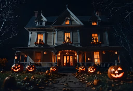 A spooky haunted house glowing with eerie jack-o'-lanterns on a dark Halloween night