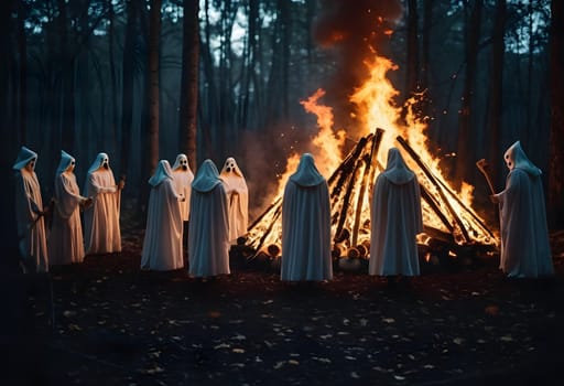 A spooky Halloween bonfire burns brightly in the middle of a dark forest, surrounded by ghostly figures and eerie shadows