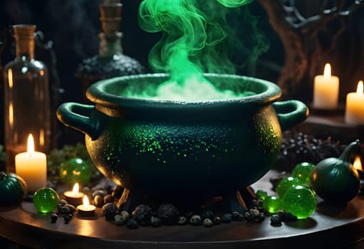 A bubbling witches' cauldron surrounded by spooky Halloween decor, glowing with eerie green light
