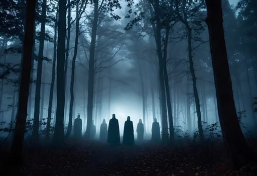 A dark Halloween forest filled with floating ghostly figures and thick fog, creating an eerie, haunted atmosphere