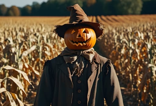 A creepy pumpkin-headed scarecrow standing in a haunted cornfield under the Halloween moon