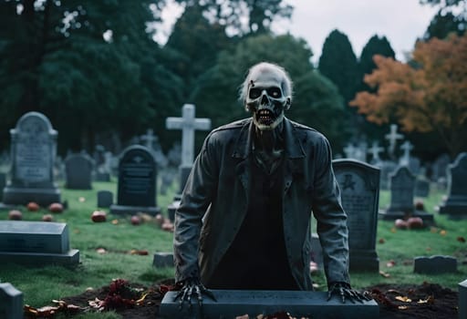 A terrifying zombie rises from the grave in a spooky Halloween graveyard, surrounded by fog and eerie shadows