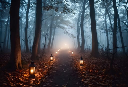 A dark and spooky forest path lit by lanterns, with swirling Halloween fog