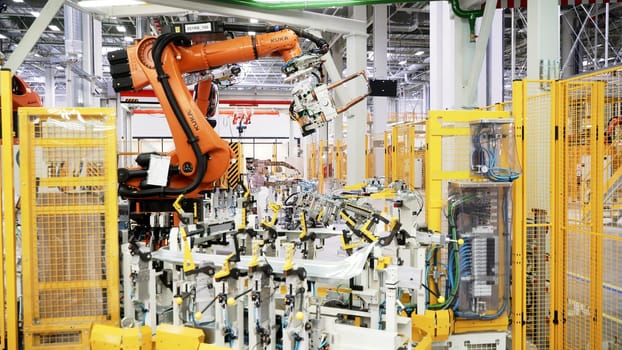 Saint Petersburg - Russia, 12.24.2021: interior details of a modern technological factory. Scene. Robotic equipment inside new workshop