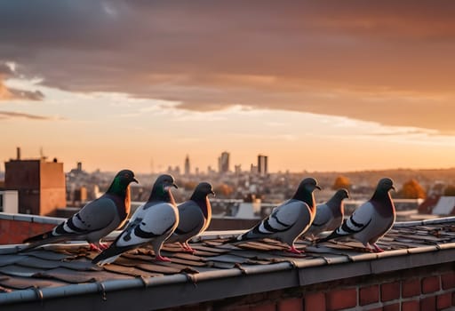 Pigeons perch on city rooftops, watching the sunset over autumn streets filled with falling leaves