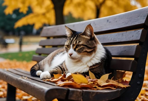 A cozy cat curls up on a city park bench as autumn leaves swirl around, creating a warm, peaceful scene