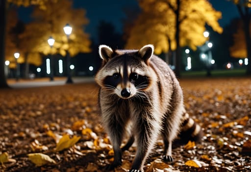A curious raccoon explores a city park at night, with autumn trees and colorful leaves in the background