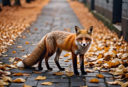 A fox explores a quiet urban alley surrounded by fallen autumn leaves and golden light