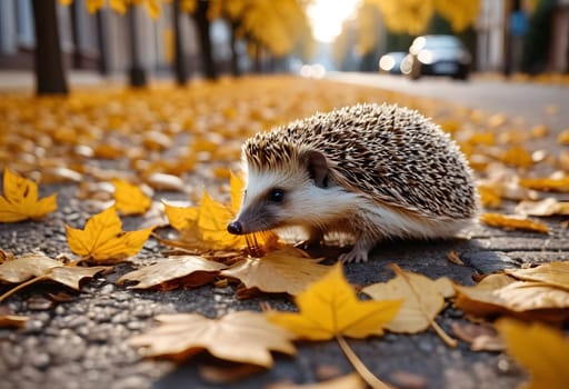 A hedgehog crosses a quiet city street in autumn, with yellow leaves scattered along the ground