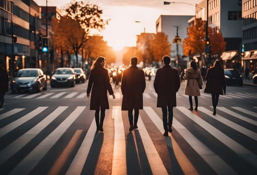 A minimalist urban scene of people crossing the street at sunset, with warm autumn colors and soft light reflecting off the city