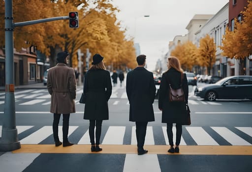 A minimalist scene of a group of people waiting at a crosswalk in an autumn city, with soft fall colors and simple urban design