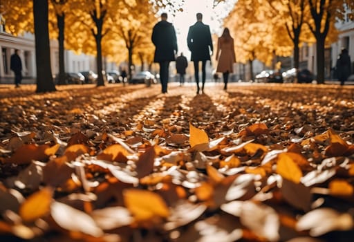 A minimalist autumn cityscape shows people walking through fallen leaves, with simple lines and soft autumn colors