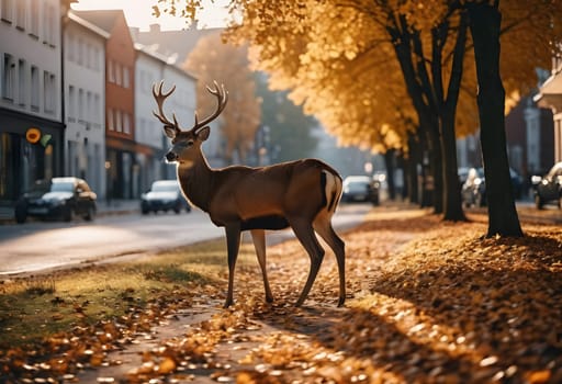 A deer wanders near the quiet edge of a city, with golden autumn leaves falling from the trees