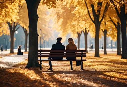 A minimalist city park scene with autumn colors, showing two people sitting on a bench under trees with falling leaves