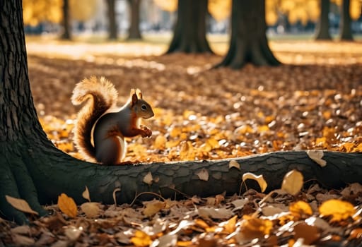 Squirrels gathering acorns in a golden autumn city park surrounded by vibrant falling leaves