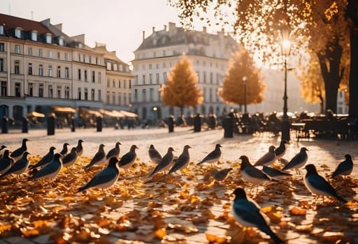A flock of birds rests on an autumn city square bathed in soft golden light, with falling leaves creating a serene scene
