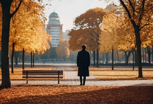 A minimalist scene of a lonely person in an autumn park with geometric buildings in the background, blending nature with urban design