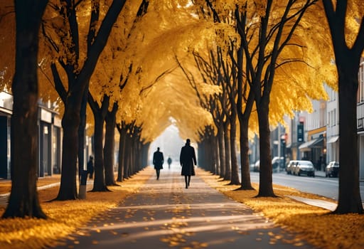 A quiet city street in autumn with minimalist figures walking under golden trees, capturing a calm and peaceful moment