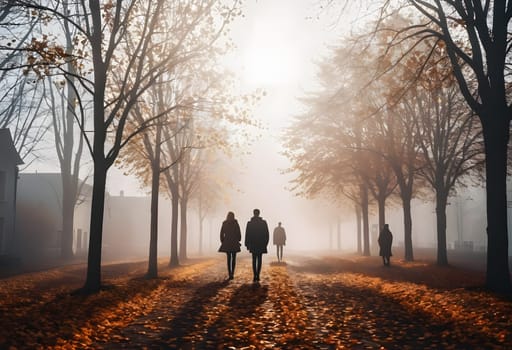 A minimalist autumn city scene with silhouettes of people walking through light fog, soft colors, and a calm, misty atmosphere