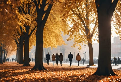 A minimalist autumn scene of a person walking through an empty city square, with clean lines and soft fall colors, creating a serene moment