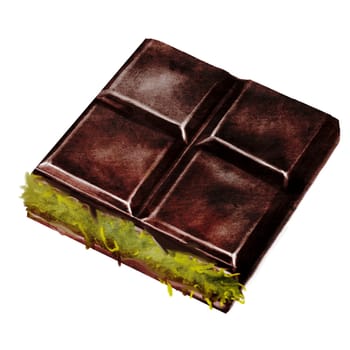 Chocolate watercolor. Hand drawn Dubai dark chocolate bar filled with kataifi and pistachio paste on isolated white background. Clip art of sweet dessert. Ideal for logo and packaging of sweets, coffee shop menu and recipes. High quality illustration