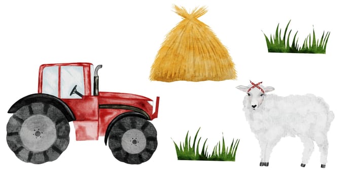 Cute farm animal and tractor. Hand drawn haystack and red tractor on isolated white background. Country style clip art. Ideal for educational cards and posters. High quality illustration