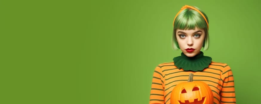 Banner of Trendy young woman with green hair holding a pumpkin on a green background.