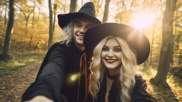Friendly young couple with long blond hair wearing a black witch hat in a forest background