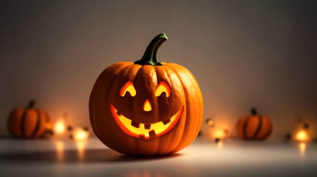 Single Halloween Pumpkin Isolated on Black Background with Carved Smiling Face and Teeth.