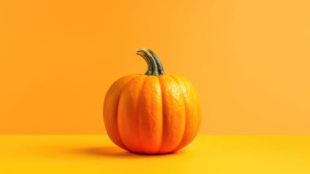 Single Halloween Pumpkin Isolated on yellow Background with Carved Smiling Face and Teeth.