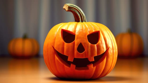 Single Halloween Pumpkin Isolated on dark Background with Carved Smiling Face and Teeth.