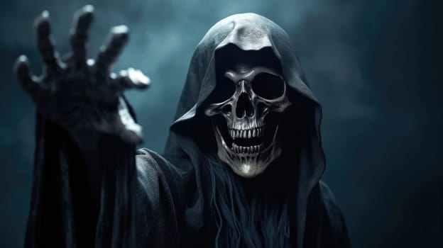 Mysterious Grim Reaper in Black Robe Standing Tall with Outstretched Arms in a Dark Forest Setting.