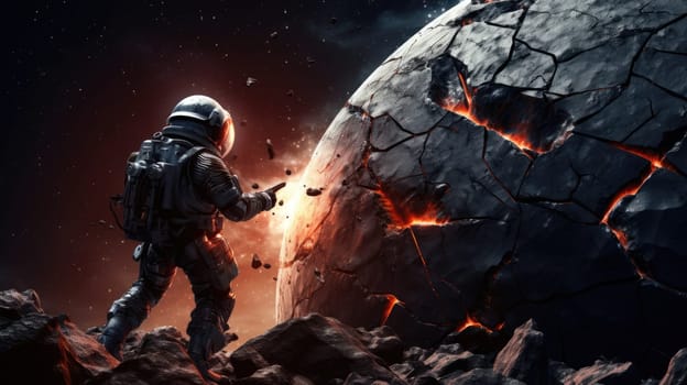 Astronaut on a Rocky Moon Base Looking up at a Large Red Planet in the Sky.
