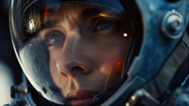 Close-up portrait of a young female astronaut in a spacesuit with her helmet on.