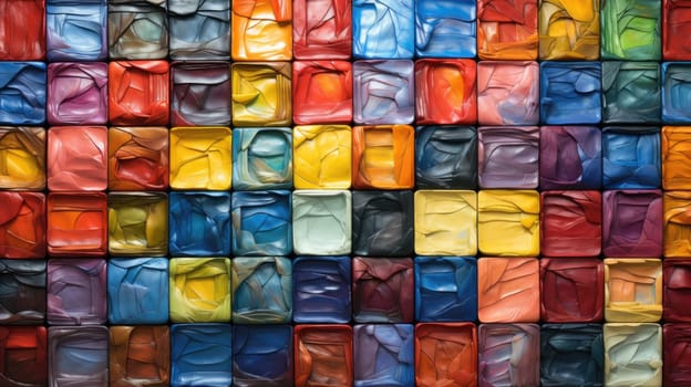 Colorful abstract mosaic of squares in blue, purple, and red hues.