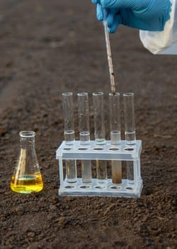 Soil analysis in a test tube. Selective focus. Nature.