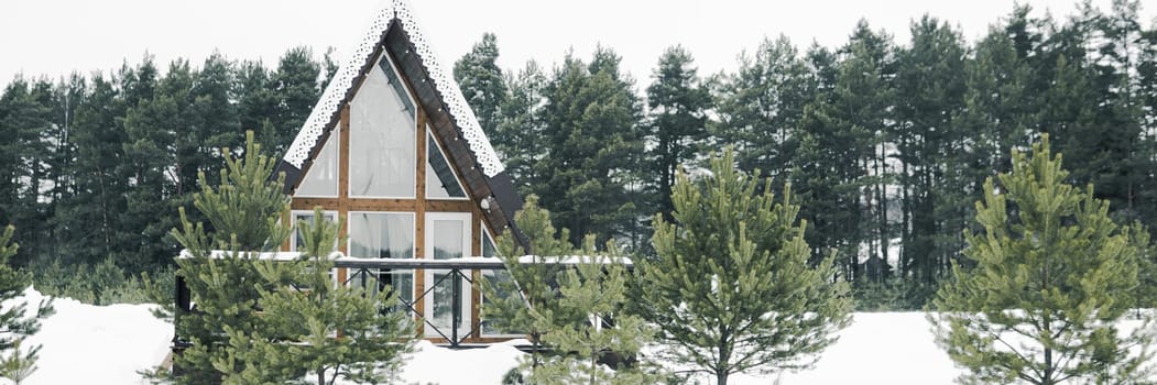 A country house in nature in winter. Rest in an ecologically clean place in winter. Glamping in nature